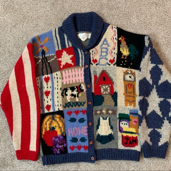 The Eagles Eye Sweaters - THE EAGLES EYE Vintage PATCHWORK Button Front COUNTRY WOOL Cardigan SWEATER  L